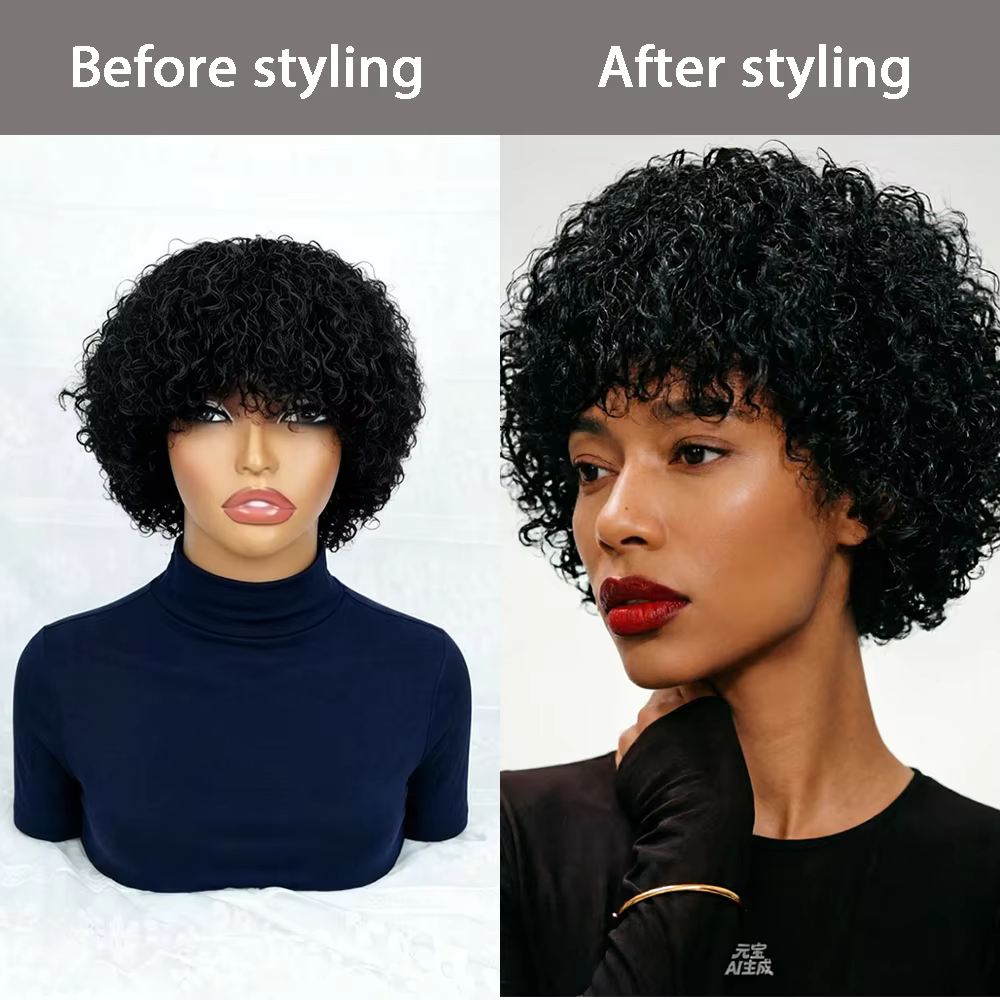 Perruque en cheveux humains noirs bouclés crépus avec frange, densité 180%, fabriquée à la machine, bonnet respirant, aspect naturel pour femmes, usage quotidien décontracté