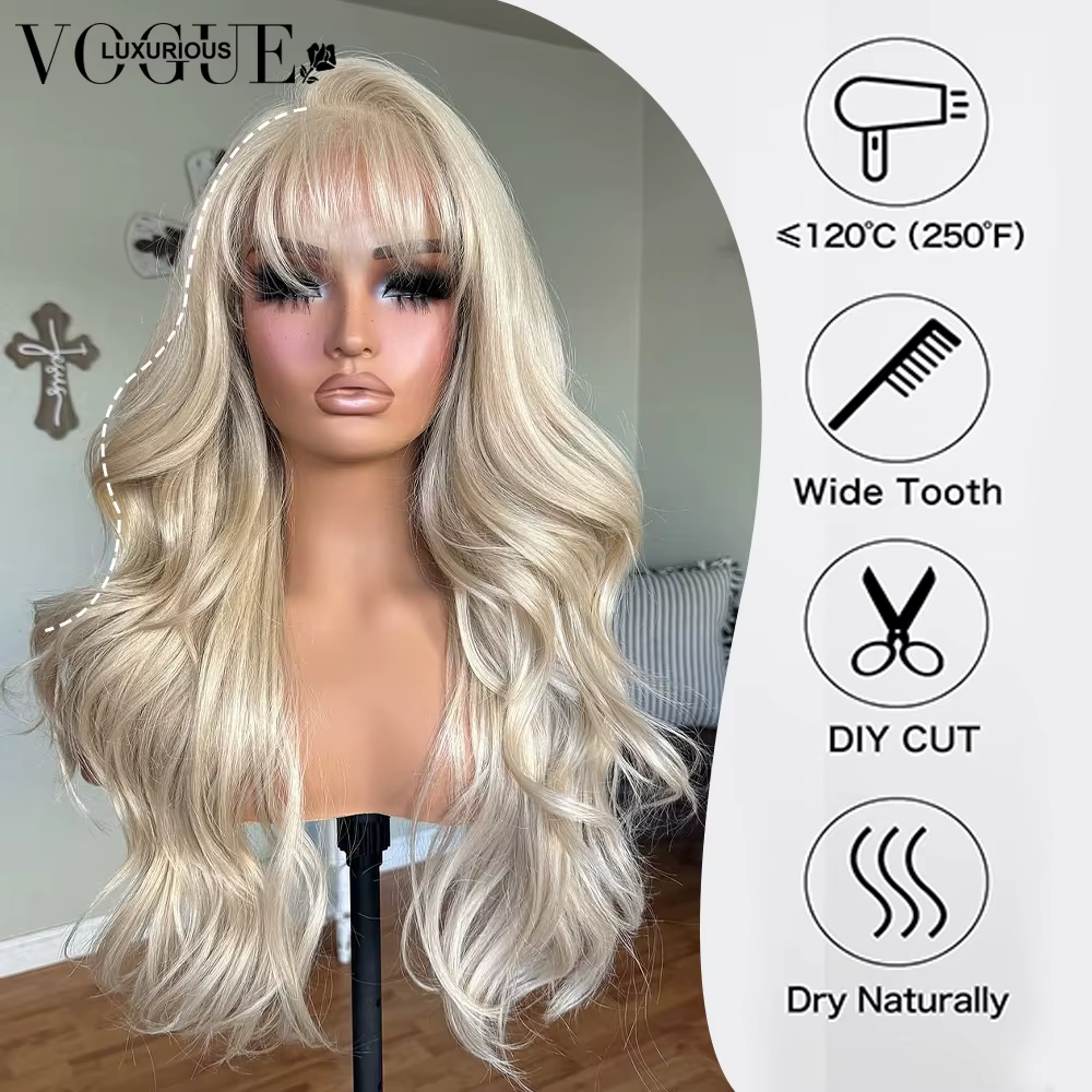 LUX VOGUE Platinum Blonde 100% perruque de cheveux humains avec frange 13x6 Transparent mise à niveau dentelle avant