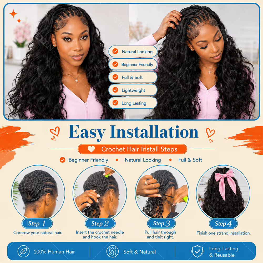 Extensions de cheveux humains en crochet Body Wave pré-séparées