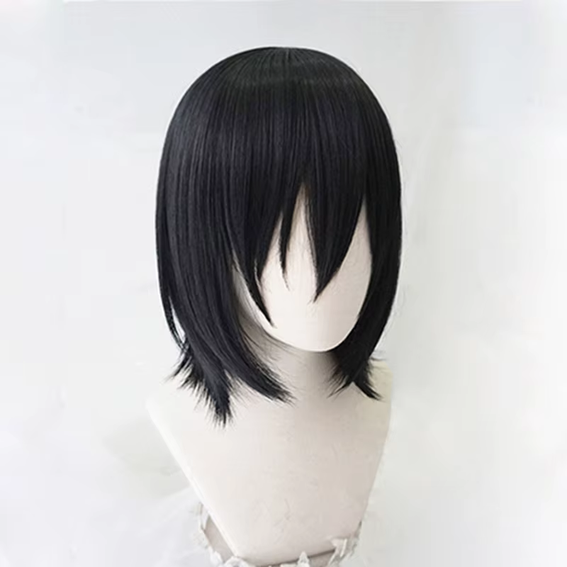 Perruque de Cosplay synthétique noire courte avec bonnet