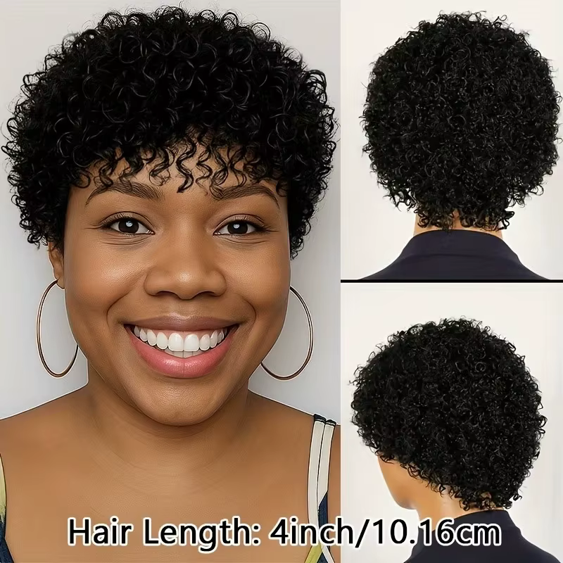 Perruque de cheveux humains Afro crépus bouclés avec frange 4 pouces brésilien Remy coupe lutin eau bouclée pleine