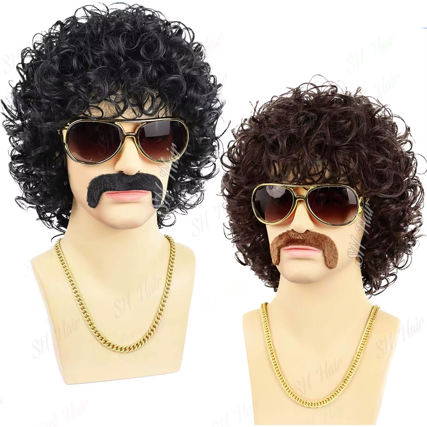 Synthétique Marron | Perruque afro bouclée noire + lunettes + collier + moustache