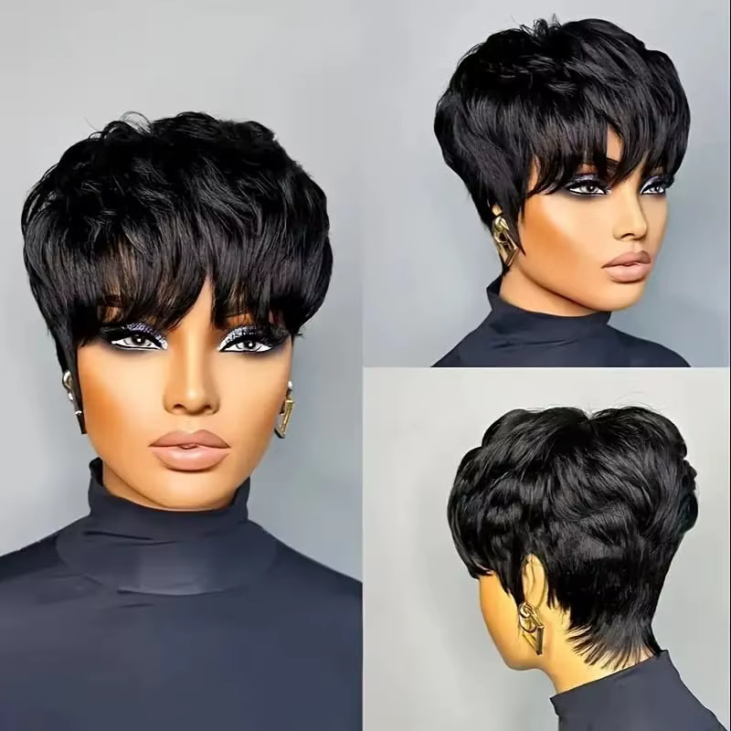 Perruque synthétique courte noire naturelle de style pixie