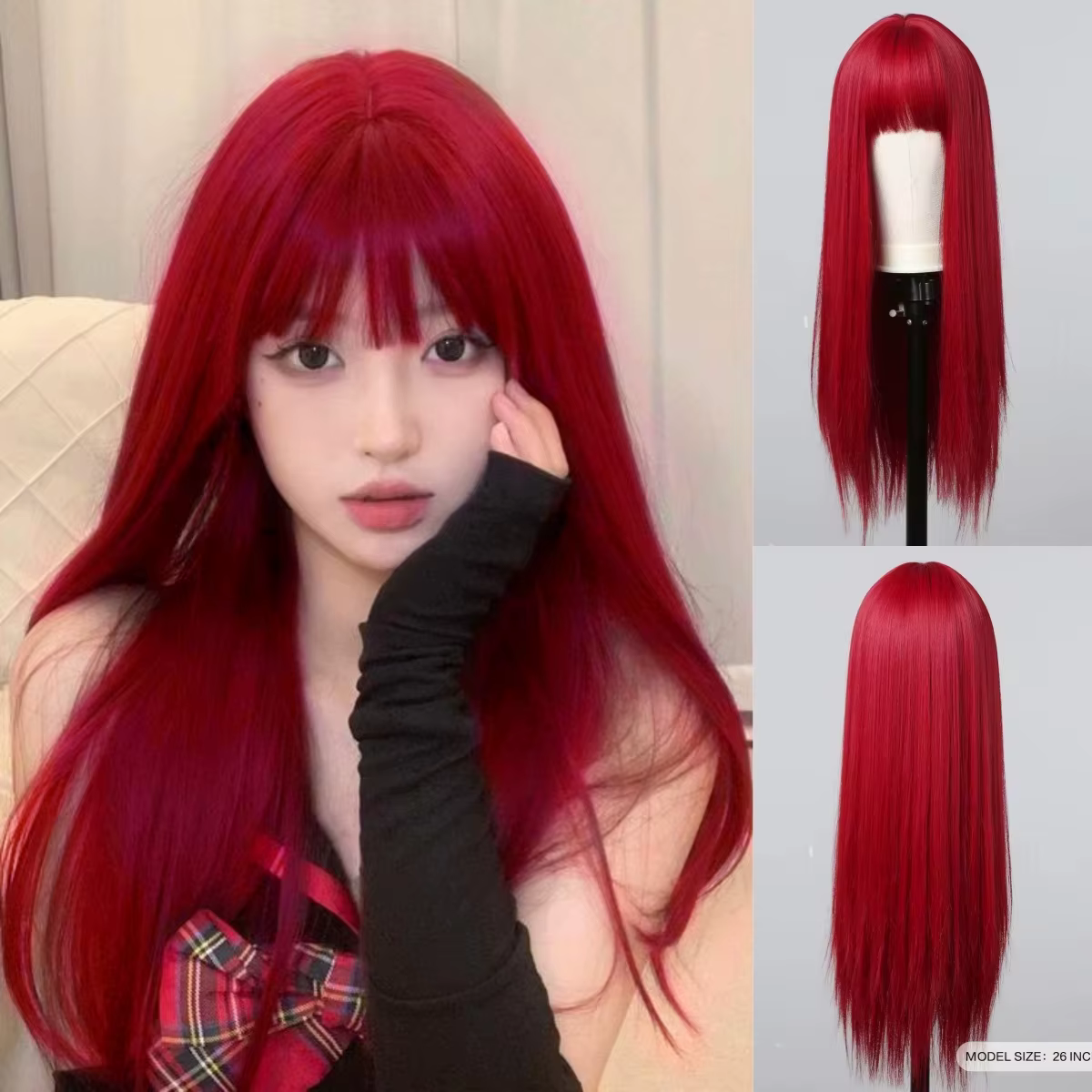 Perruque synthétique de 26 pouces avec cheveux longs et raides
