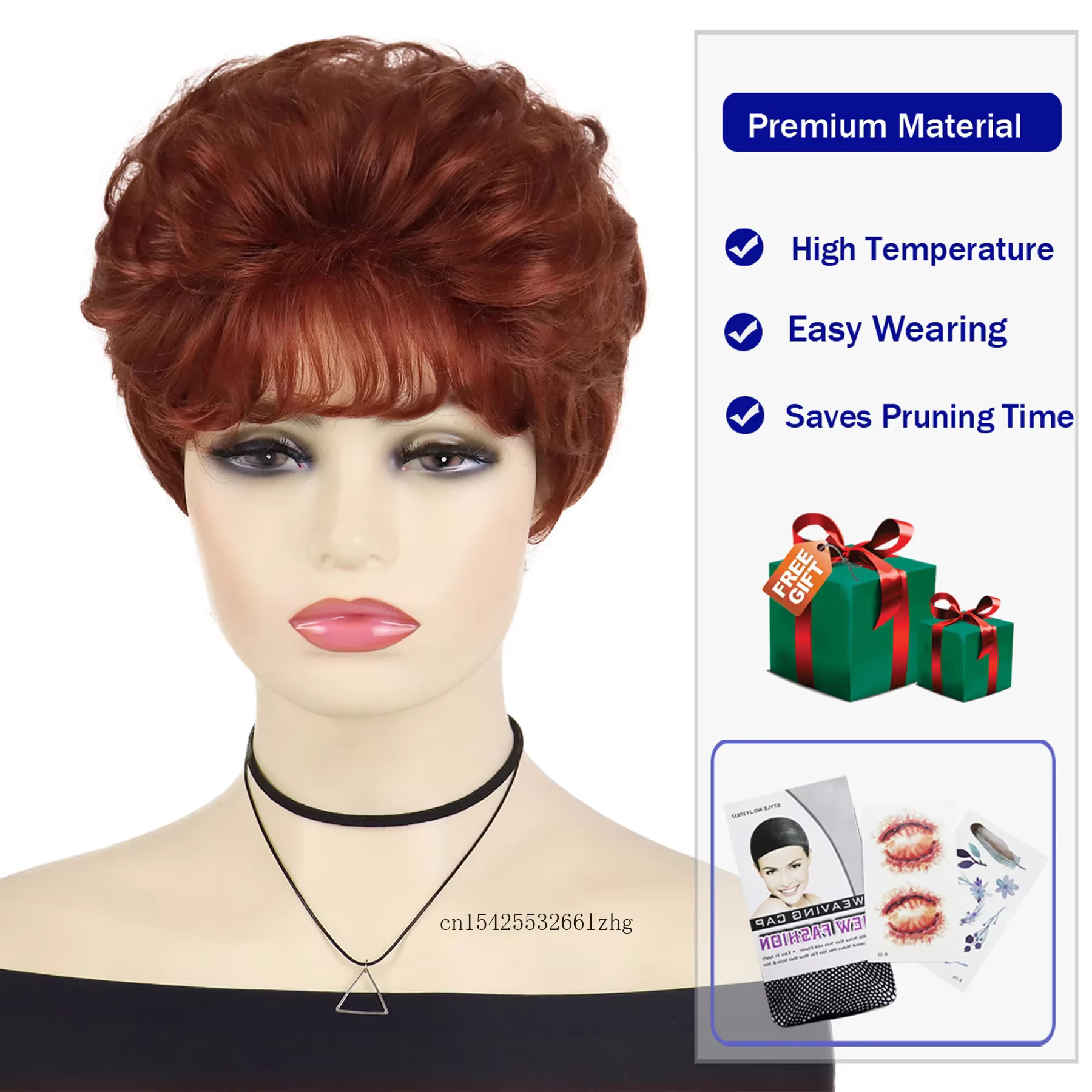 Perruques de cheveux rouges bouclés courts en fibres synthétiques perruque naturelle avec Bang femme