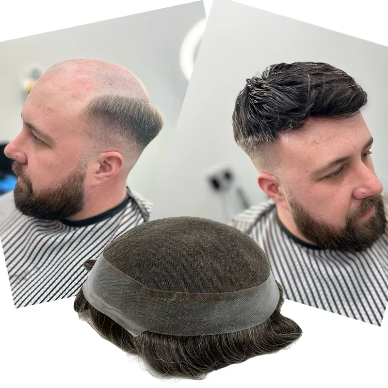 Toupet en cheveux Remy avec dentelle autour de Pu pour hommes
