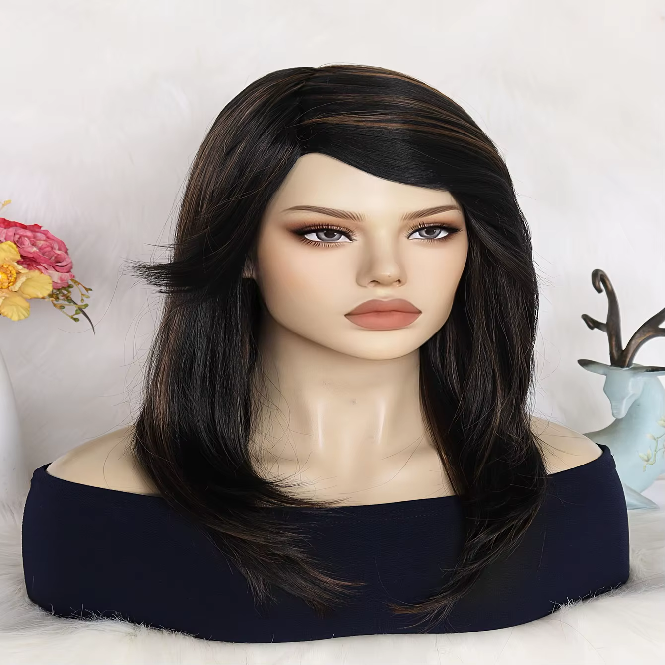  Perruque synthétique ondulée mi-longue pour femme avec frange latérale