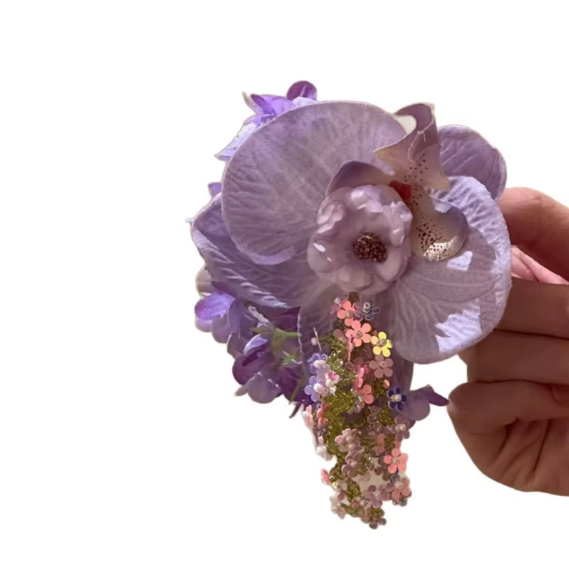 Pince à cheveux coréenne à fleurs violettes éthérées – Accessoire photo printemps-été