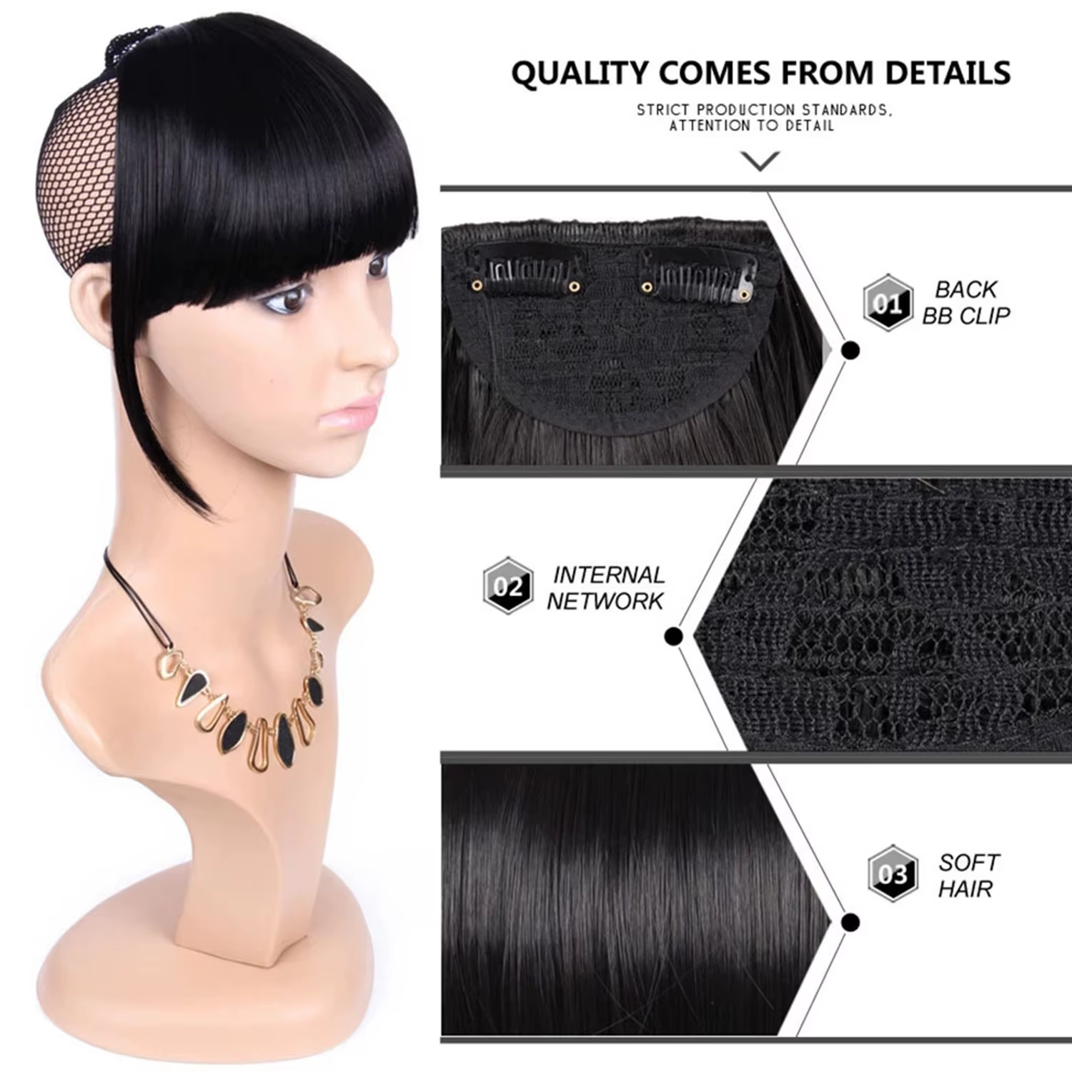 Extensions de cheveux à franges noires à clipser