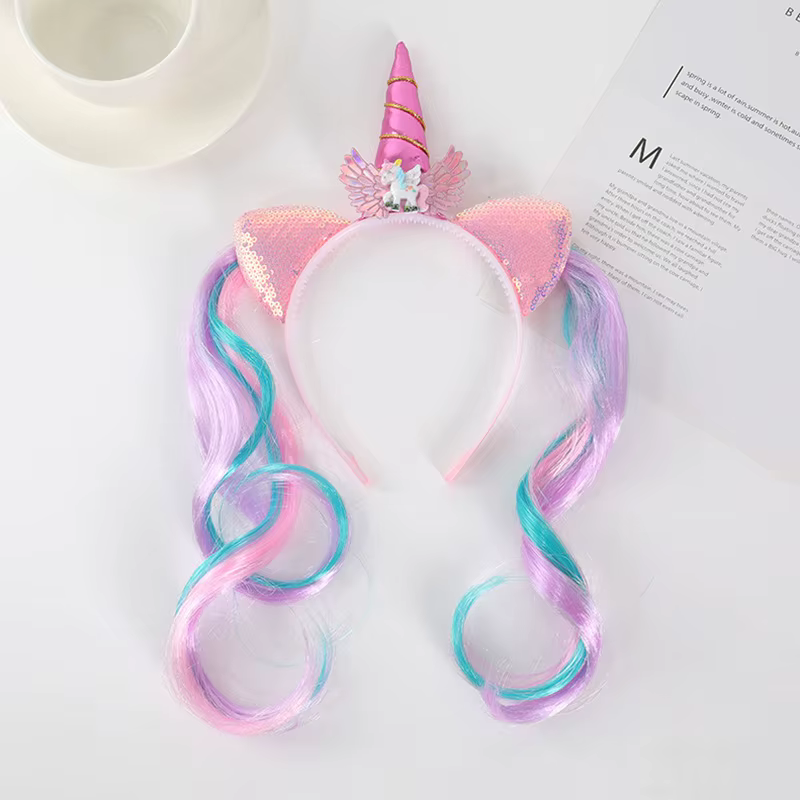 Perruque colorée licorne bandeau arc-en-ciel cheval Double queue