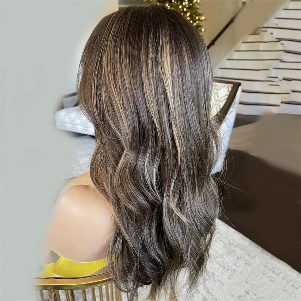 Perruque de couleur brune foncée avec reflets 13x4 Frontal HD mélange de dentelle cheveux humains naissance