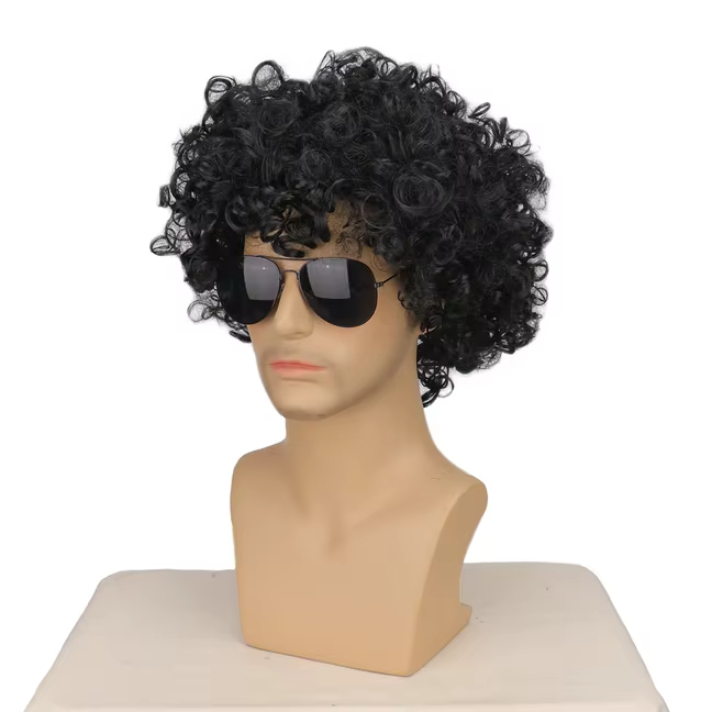 Perruque courte noire bouclée style rocker disco avec lunettes