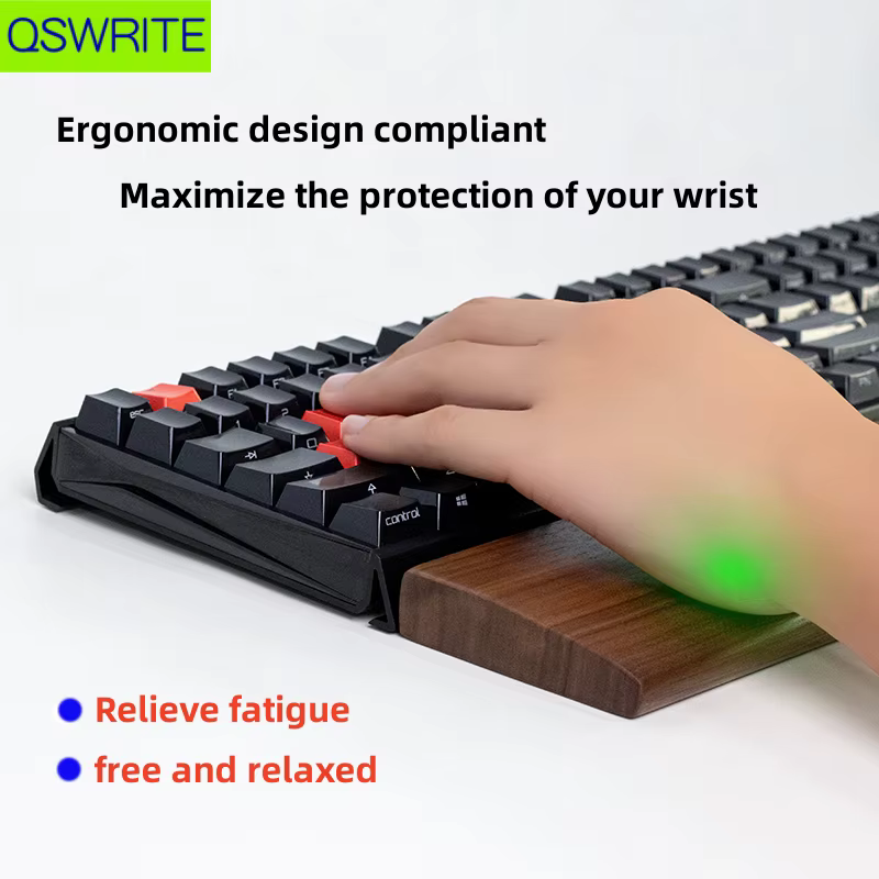 Support de clavier QSWRITE en noyer massif pour la protection des poignets, conçu ergonomiquement pour détendre les poignets, compatible avec les claviers 61, 87 et 104 touches.