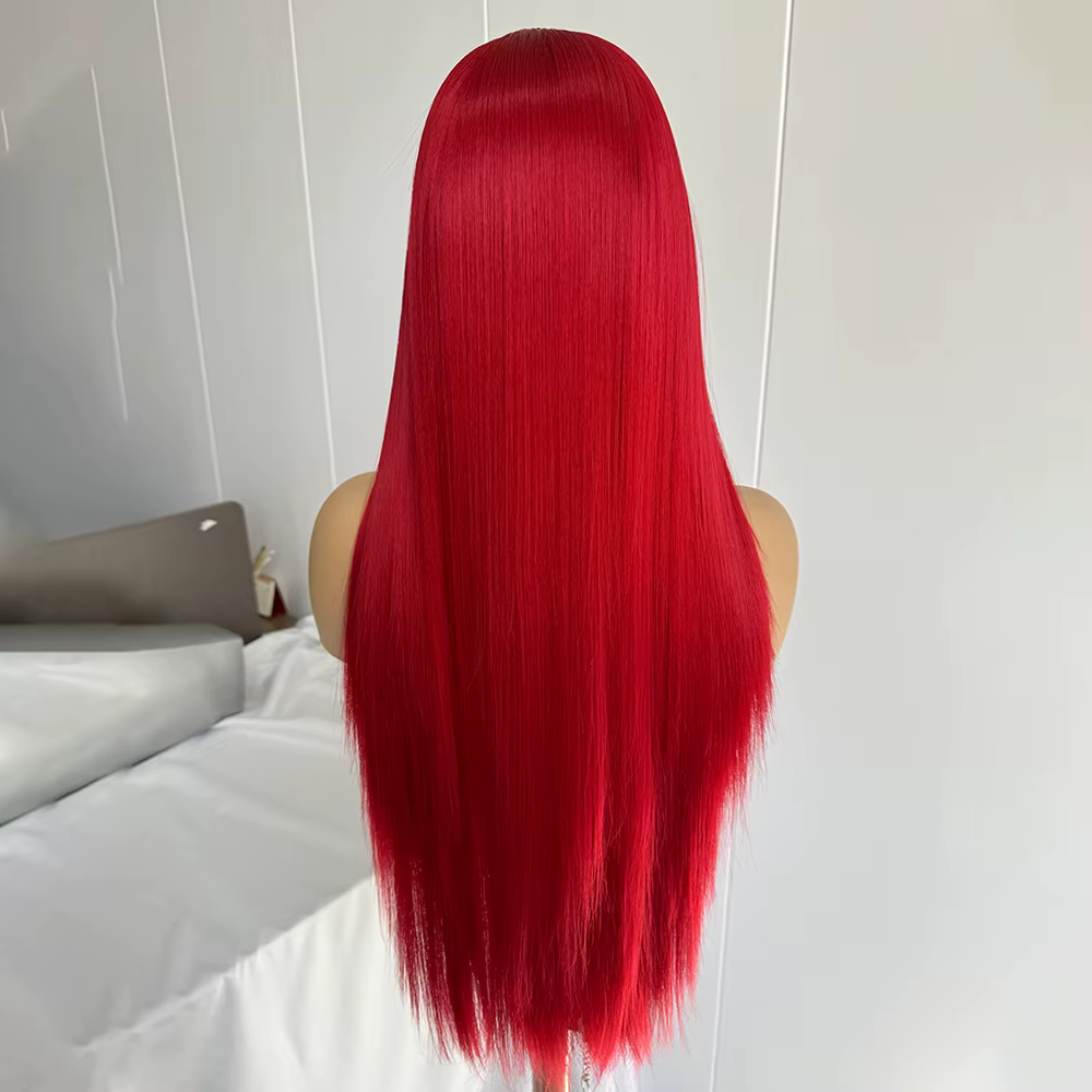 Perruque rouge perruque de dentelle synthétique longue perruque droite en soie perruque rouge foncé usage quotidien perruques de dentelle frontale pour les femmes Cosplay perruque droite rouge