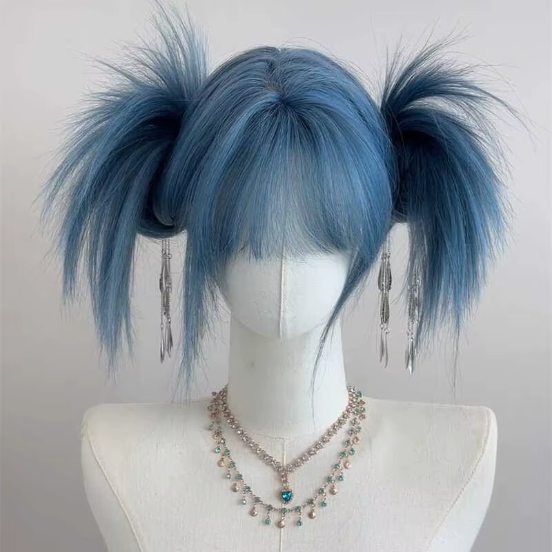 Perruque longue et droite bleu-gris pour femme