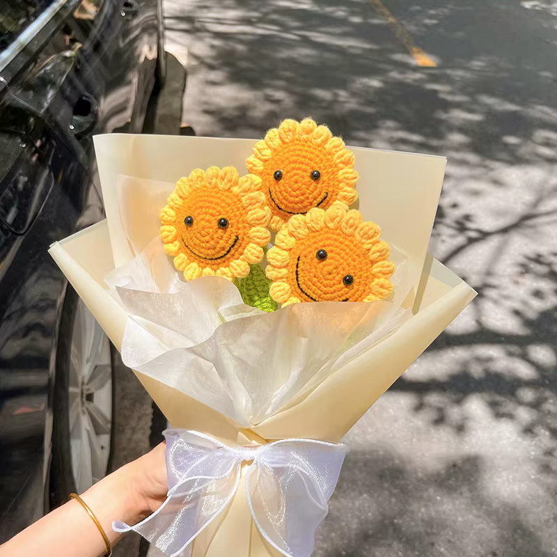 Fleur artificielle au Crochet de tournesol tissée à la main, plantes au Crochet finies, cadeaux d'invité de mariage, décoration de bureau