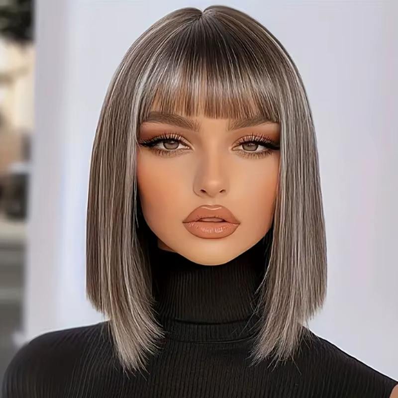 Perruque courte coupe Bob marron mélangée à reflets avec frange droite (fibre synthétique) – Parfaite pour un usage