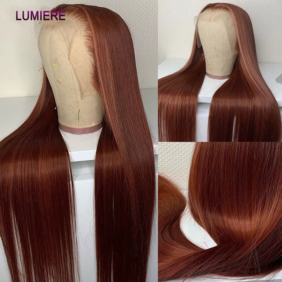 # Mèches brésiliennes 100% naturelles lisses, brun Auburn, avec Lace Frontal Closure transparente HD, Extension de cheveux vierges, 33