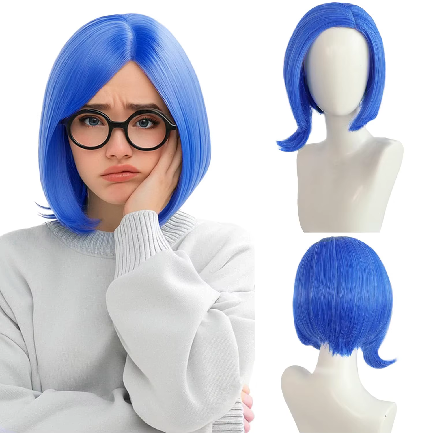 Perruques de tristesse bleues avec montures de lunettes noires