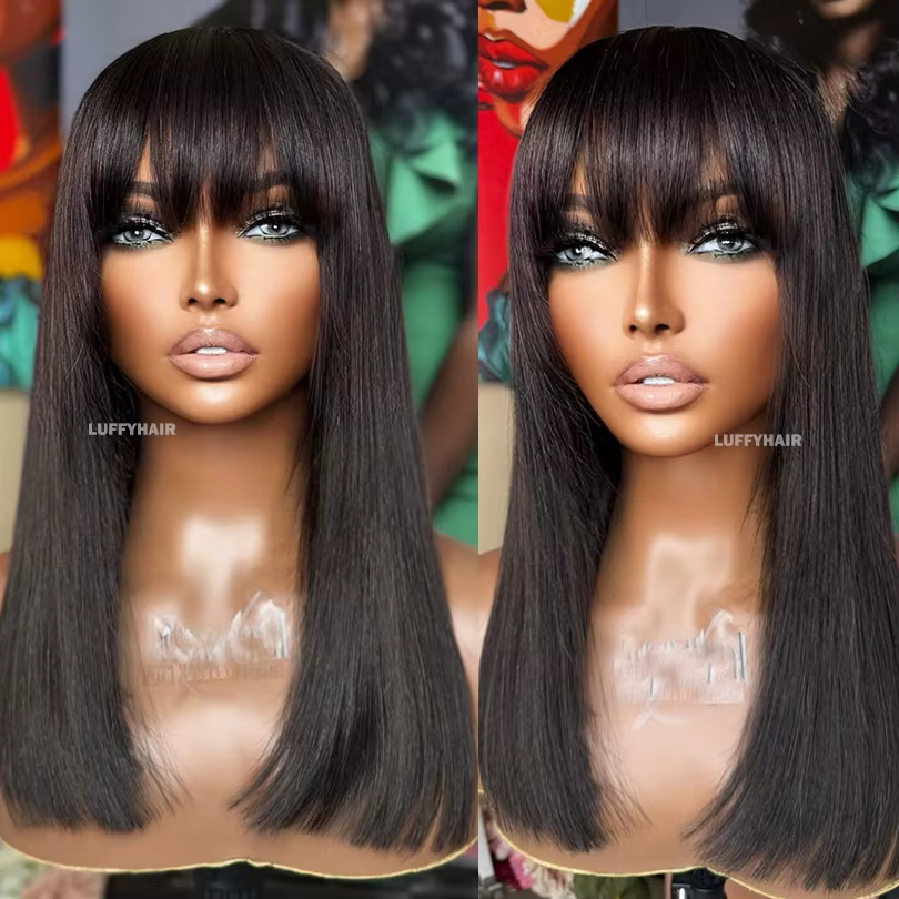 16 pouces droite Bob perruque avec frange cheveux humains pleine dentelle courte noir Bob perruques 5x5 Base de soie